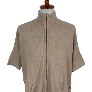 White House Black Market Sweater XS Tan Zip Up Short Sleeve Work Chic thumbnail 2