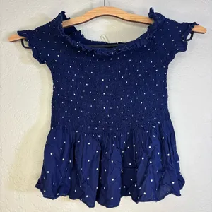 Japna Navy Off Shoulder Smocked Top with White Dots Size XS thumbnail 1