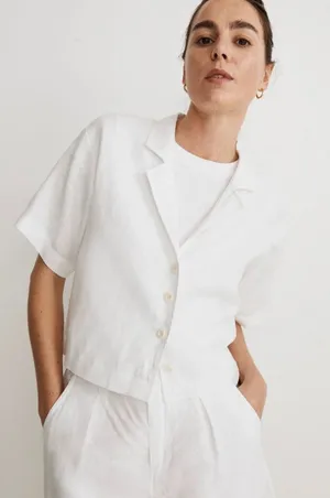 Madewell White Linen Camp Shirt Womens M Button Front Resort Short Sleeve thumbnail 1