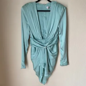 House of CB Pascale Aqua Draped Plunge Satin Mini Dress Womens Size M Mint Green thumbnail 5