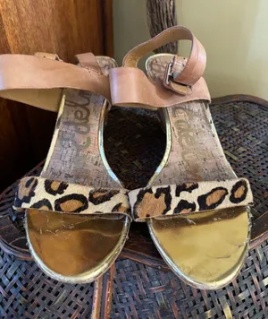 Sam Edelman Leopard & Tan Ankle-Strap Sandals with Gold Footbed thumbnail 1