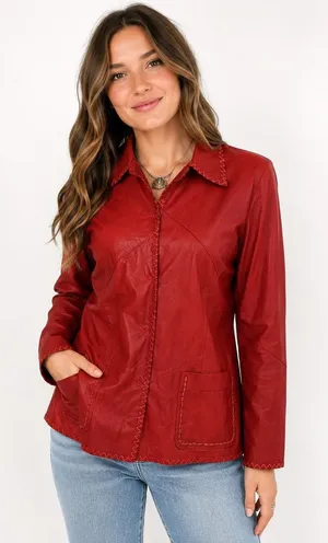 Scully Leather Shirt Jacket M Red Whipstitch Western Boho Snap Front Jacket 90s thumbnail 1
