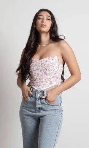 Pink Floral Ruched Corset Bustier Crop Top thumbnail 1