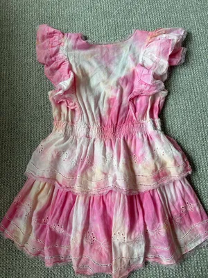 pink and yellow tie die v neck ruffle dress thumbnail 2