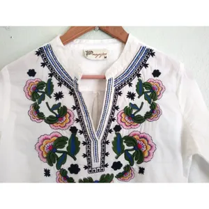 Boho Embroidered Tunic Blouse Cotton Peasant Top White Floral Resort Coverup M thumbnail 4