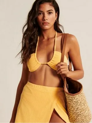 Abercrombie Terry Upside Down Halter Triangle Bikini Top Butter Yellow Medium thumbnail 1