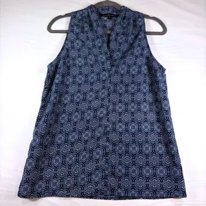 Ava Christine‎ Blue & White Geometric Sleeveless Blouse Split Neck Top Navy M thumbnail 1