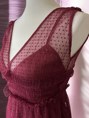 ZARA Burgundy Swiss Dot Mesh Midi Dress Small Sheer V-Neck Ruffle thumbnail 3