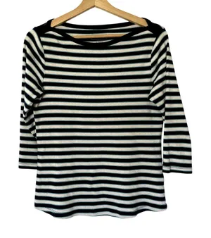 L.L.Bean blue white striped sailor style women's shirt S cotton top boat‎ neck thumbnail 1