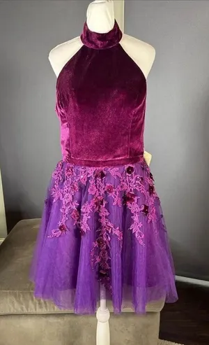 Women’s Velvet Halter Purple Party Dress Floral Tulle Skirt Size M NWT thumbnail 1