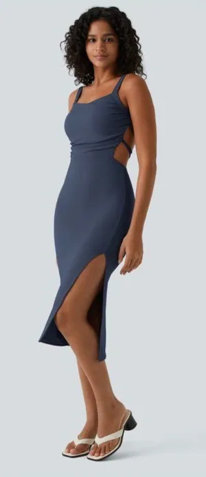 Halara S Navy Midi Dress Lace Up Side Cutouts & Ruched Details Size Small Nylon thumbnail 1
