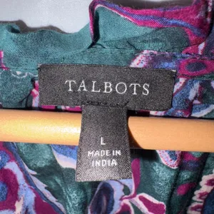 Talbots Womens Large Paisley Ruffle V-Neck Blouse Green Purple Long Sleeve Top thumbnail 4