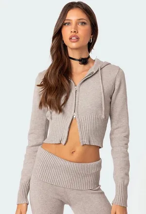 Edikted desiree knitted hooded cardigan, cropped in Gray Melange thumbnail 1