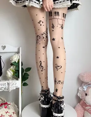 Musical Note Patterned Tights Black thumbnail 1