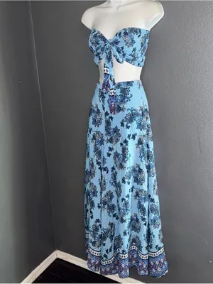 Lulus Women’s Strapless Matching Set Tube Top Bell Pants Blue Jumpsuit Medium thumbnail 4
