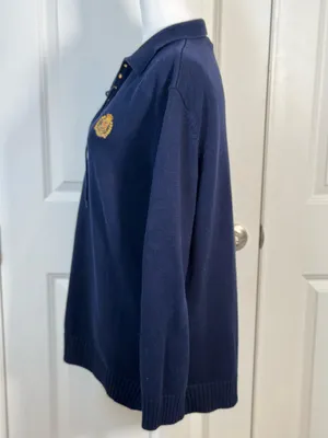Lauren Ralph Lauren Lace Up Sweater L Navy Crest Cotton Knit Collared Preppy thumbnail 5