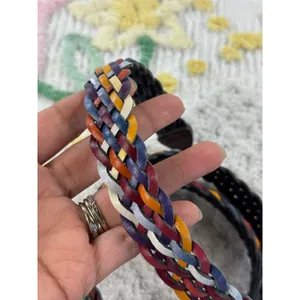 Vintage Multicolor Braided Leather Belt Boho Woven‎ Skinny Waist Belt Large thumbnail 3
