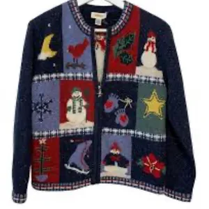 ALBOTS Vintage 90s Talbots Patchwork Christmas Winter Wool Cardigan Sweater XL. thumbnail 1