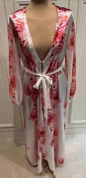 Oscar De La Renta Pink Label Floral Satin Robe Dressing Gown M Belted Romantic thumbnail 1