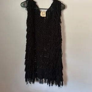 PPLA Flounder Fringe Vest Black Open Knit Crochet Sleeveless Boho Festival Large thumbnail 2