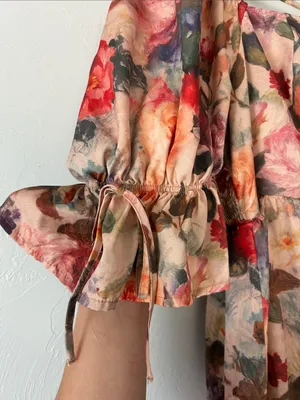 Peach and Pink Floral puff sleeve Midi Dress w Bows thumbnail 3