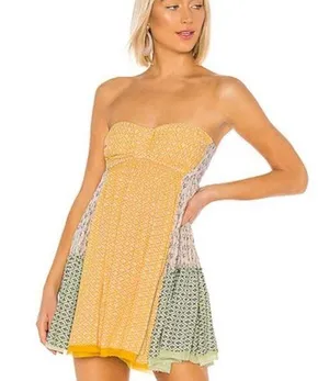 Free People Across The Sea Strapless Yellow Patchwork Tunic Mini Dress medium thumbnail 1