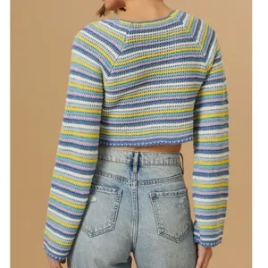 Altar'd State Womens Striped‎ Crochet Knit Cropped Sweater Blue Purple Yellow M thumbnail 3