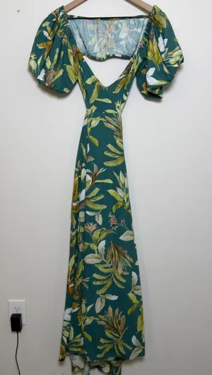 O.P.T. Women Flax‎ Tropical Botanical Puff Sleeve Open Back Dress Party Resort thumbnail 1