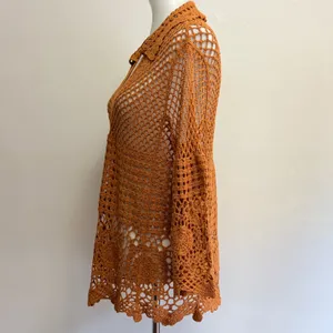 Cato Crochet Tunic Top L Rust Orange Cotton Open Knit Boho Vacation Festival thumbnail 3