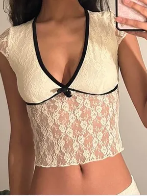 Urban Outfitters Ivory Lace Crop Top with Black Trim thumbnail 1