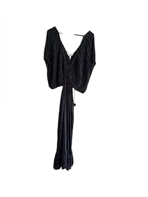 Black Maxi Dress with Gold Metallic Stripe and Side Slit thumbnail 10