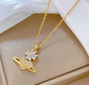18K Gold Plated Flower Planet Light Luxury Temperament Gorgeous Full Diamond Necklace thumbnail 3