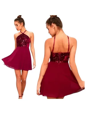 Lulus Dress Women Medium Burgundy Time of Love Sequin Halter‎ Skater Mini Prom thumbnail 2