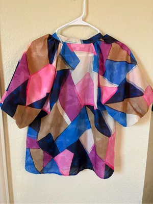 THML Pink Abstract Print V Neck Puff Sleeve Button Up Top Size Small thumbnail 7