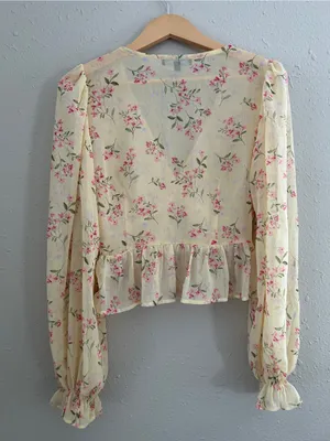 Lulu's Pale Yellow Floral V-Neck Ruffle Peplum Blouse Cropped Pastel Spring thumbnail 5