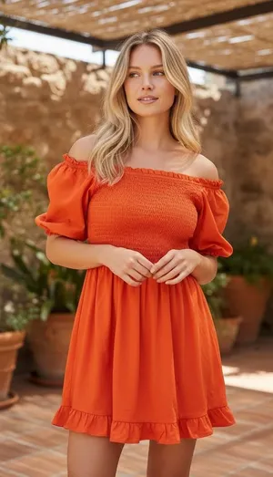 Livaceous Orange‎ Smocked Puff Sleeve Mini Dress Square Neck Ruffle Hem L thumbnail 1