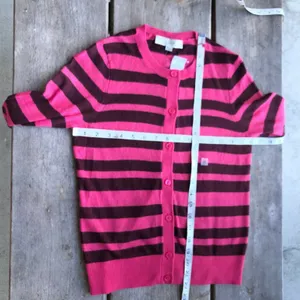 Ann Taylor LOFT Womens Sweater Sz XS Striped‎ Crewneck Cardigan Pink Chocolate thumbnail 6