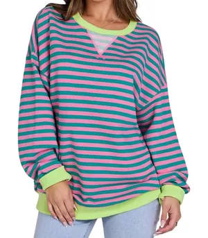 Women Striped Oversized Crewneck Sweatshirt in Pink/Green, Size XL​ thumbnail 1