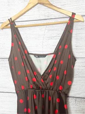ZARA Brown & Red Polka Dot Sleeveless Midi Slinky Satin Slip Dress Size Small thumbnail 5