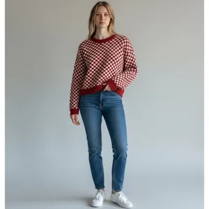 Madewell Checkerboard Jacquard Pullover Sweater S Alpaca Boxy Scarlet thumbnail 10