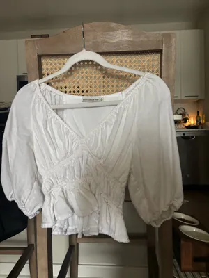 Abercrombie & Fitch Linen Top Women’s White Cropped Puff Sleeve Smocked Blouse Linen blend thumbnail 3