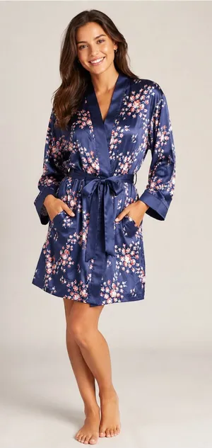 Morgan Lane Navy Blue Floral Satin Robe with Pink Blossoms thumbnail 1