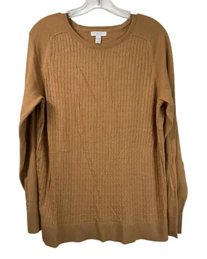 Charter Club Woman 0X Camel Brown Cable Knit Crew Neck Sweater Long Sleeve Top thumbnail 1