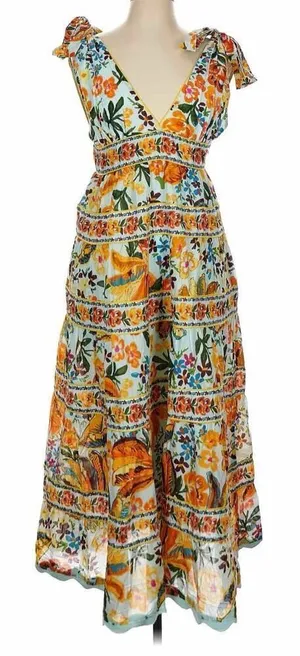 Farm Rio Blue Spring Bananas Midi Dress Size Large Tropical Vacation Casual thumbnail 1