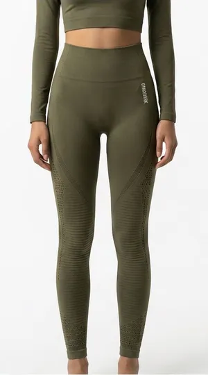Gymshark olive green detailed seamless pull on stretchy workout leggings sz Med thumbnail 1