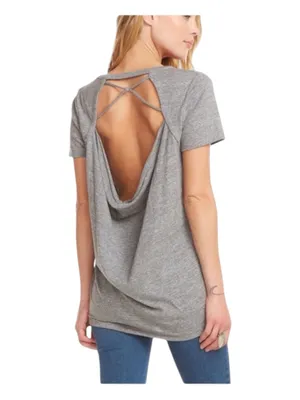 new Chaser ☻︎ Heart Eye Skull Draped Open Cross Back Tee T Shirt ☻ ︎Heather ☻︎ L thumbnail 3