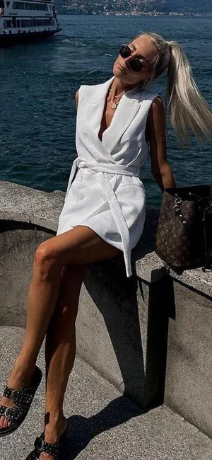 white vest double breasted sleeveless blazer jacket with waist tie thumbnail 1