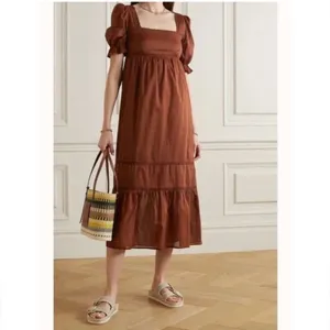 Reformation Bekkah Crocheted Lace Trim Organic Cotton Midi Dress in Cinnamon XS thumbnail 2