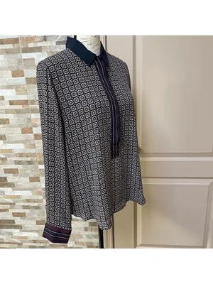 LOFT half button Hanley top tunic blouse shirt Geometric print burgundy Sz M thumbnail 5