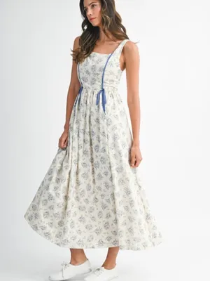 Floral Print Square Neck Contrast Pipinig Dress thumbnail 4